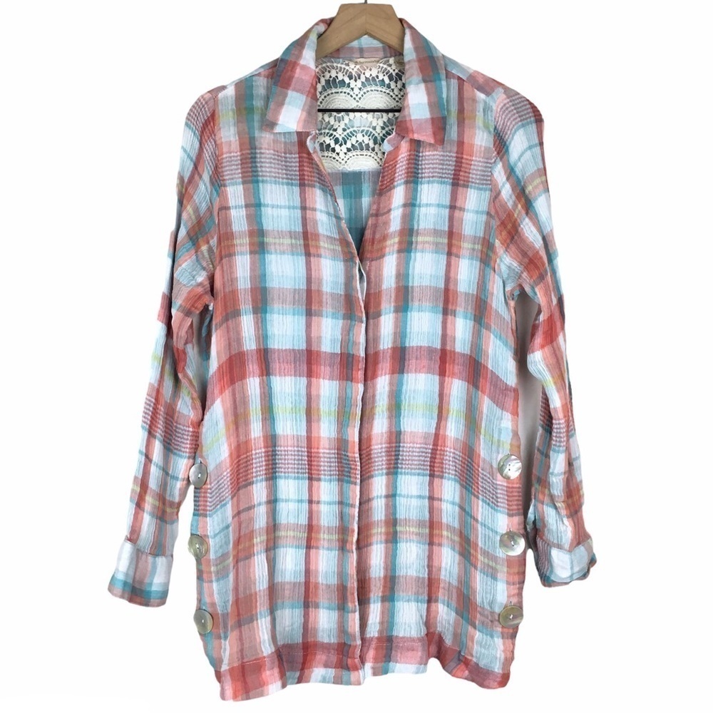 SOFT SURROUNDINGS Size Large Top Lani Shores Shirt Plaid Lace Crochet Lagenlook